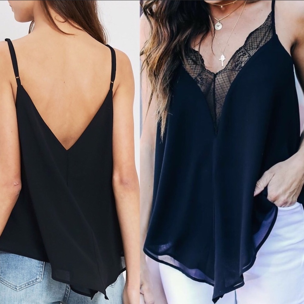 Black Mesh Lace V Neck Swing Spaghetti Cami Top - Picture 1 of 6